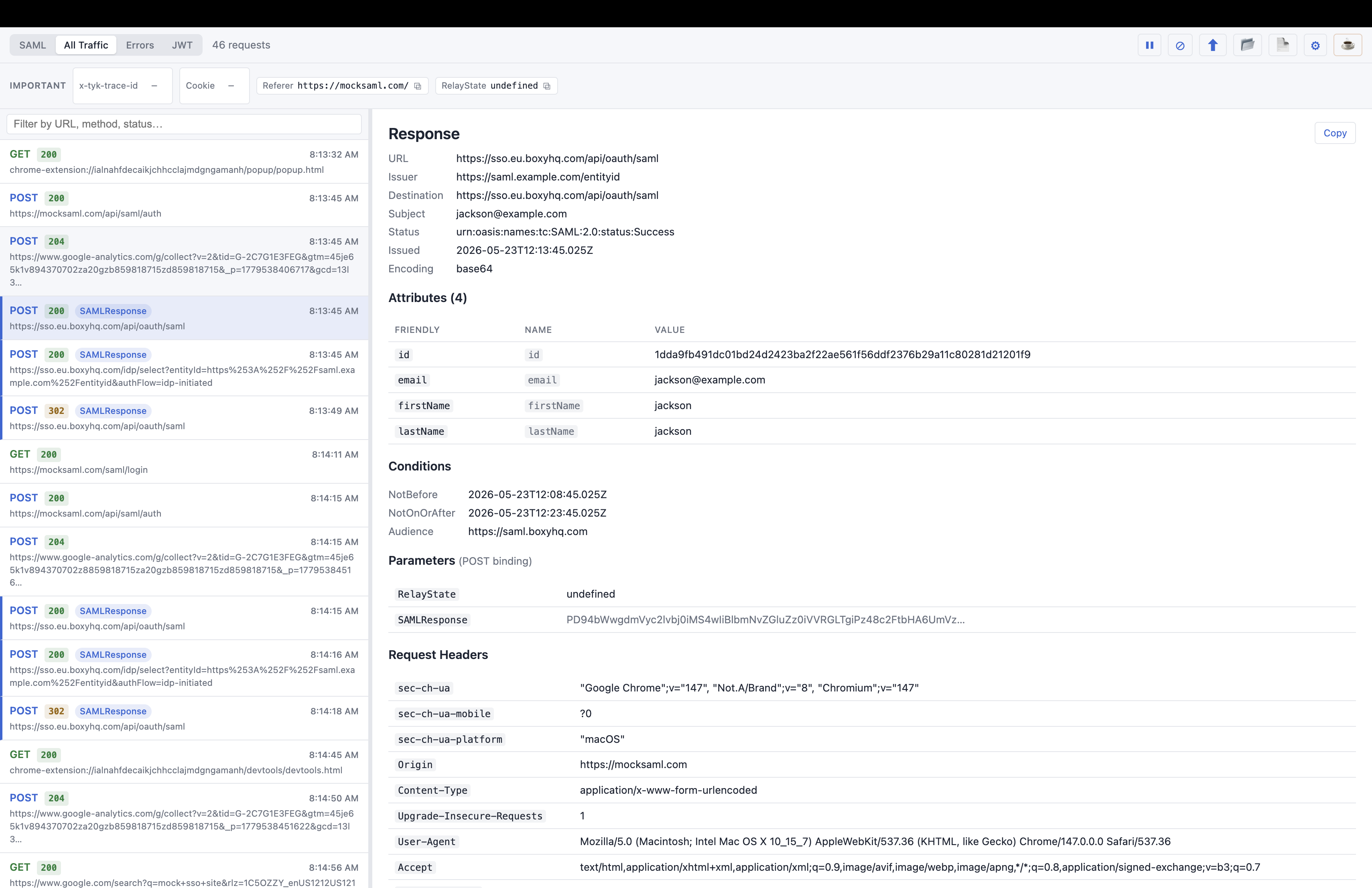 Awesome SAML Tracer capturing live network traffic