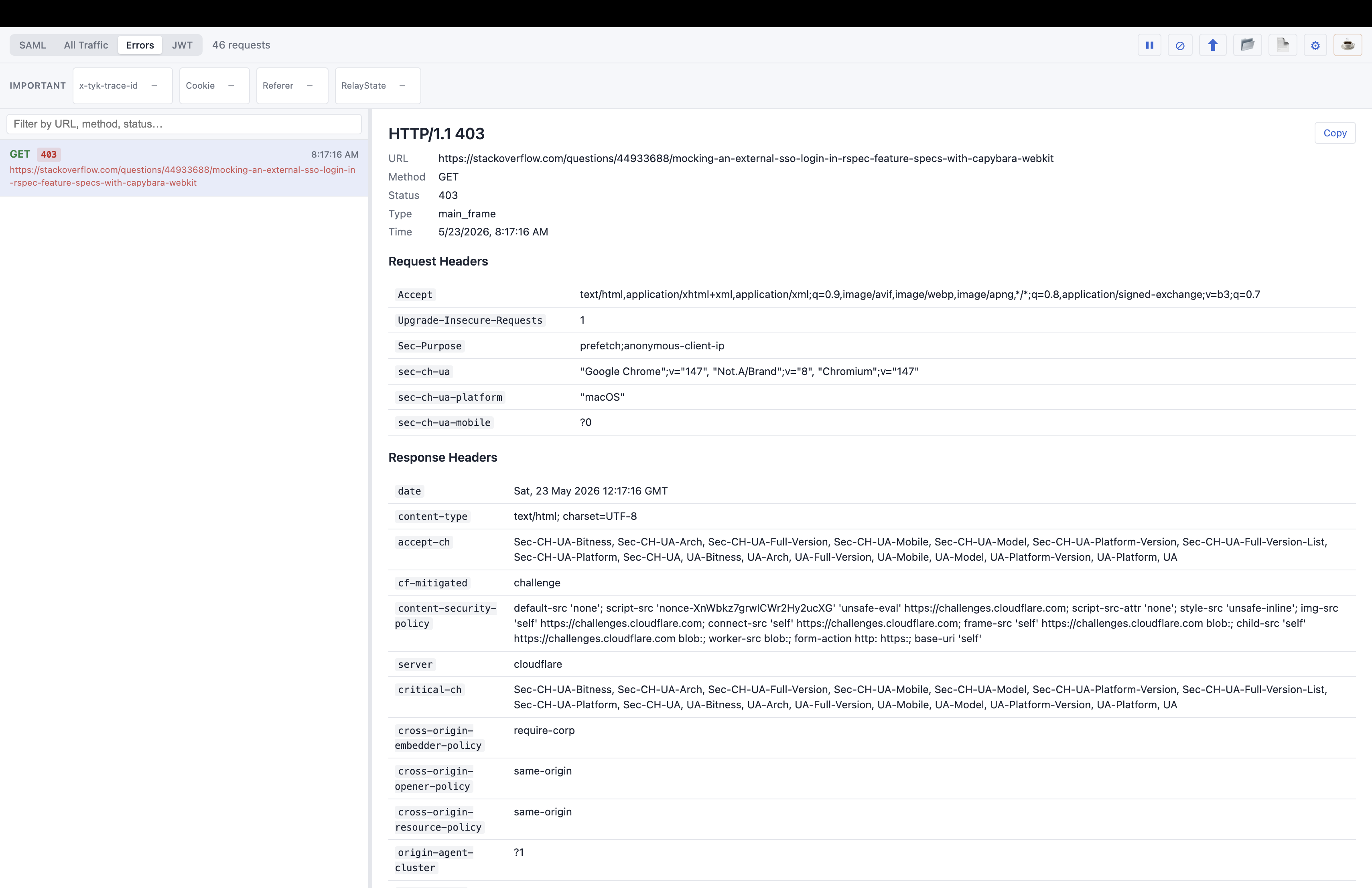 The Errors view showing filtered 4xx and 5xx network requests
