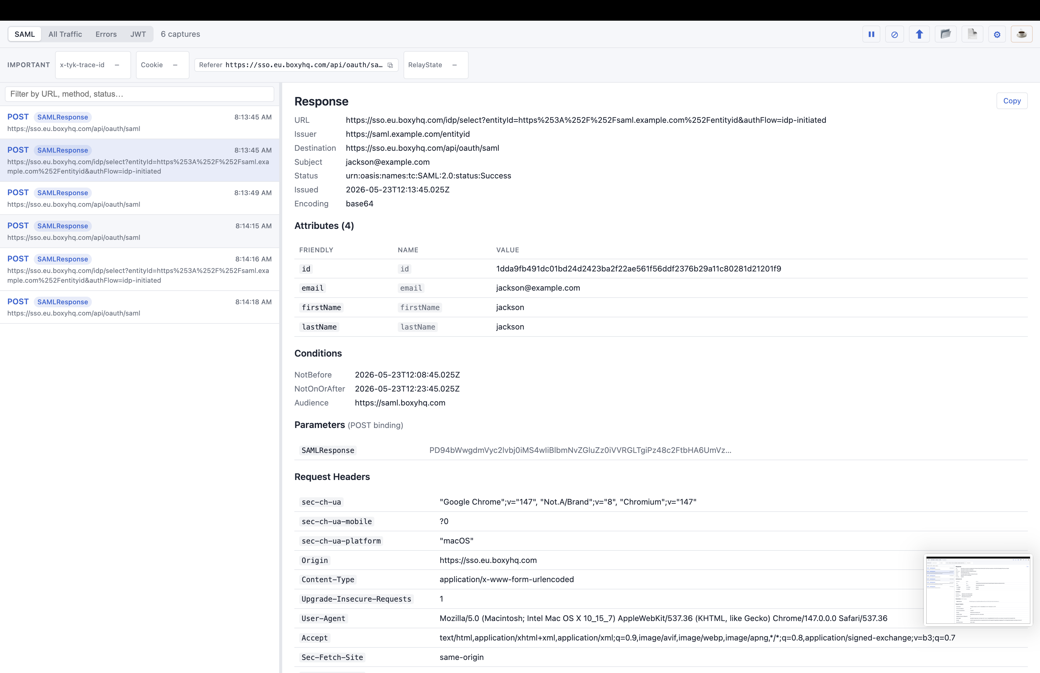 The SAML view with its four-view toggle and info bar